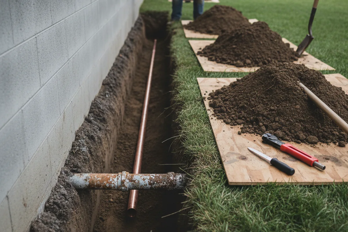 Excavated water line trench during Sewer Line Repair in Marina Del Rey